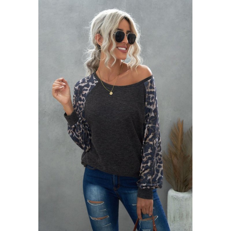 Gray Leopard Patch Ribbed Loose Long Sleeve Blouse - from category Long Sleeve Tops