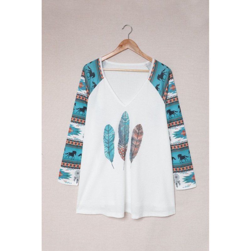 Western Aztec Geometric Feather Horse Blouse - from category Long Sleeve Tops