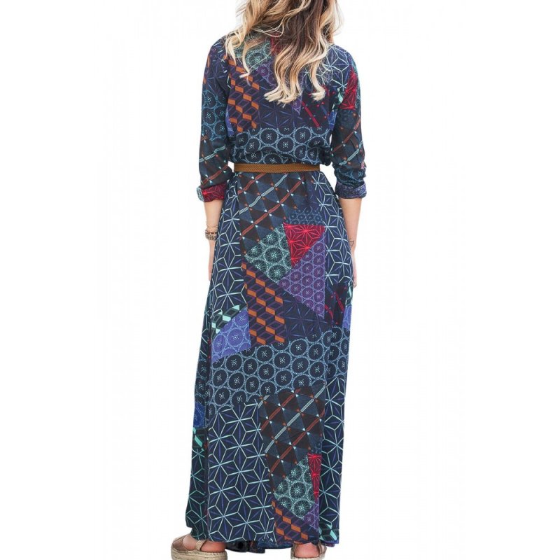 Navy Green Boho Print Belted Maxi Shirt Dress - from category Maxi Dresses