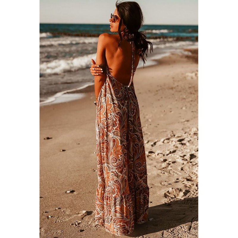 Sexy Halterneck Vintage Floral Print Backles Maxi Dress - from category Maxi Dresses