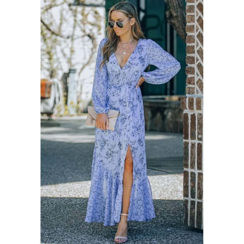 Sky Blue Floral Print Bubble Sleeves Hollow-out Back Maxi Dress - from category Maxi Dresses