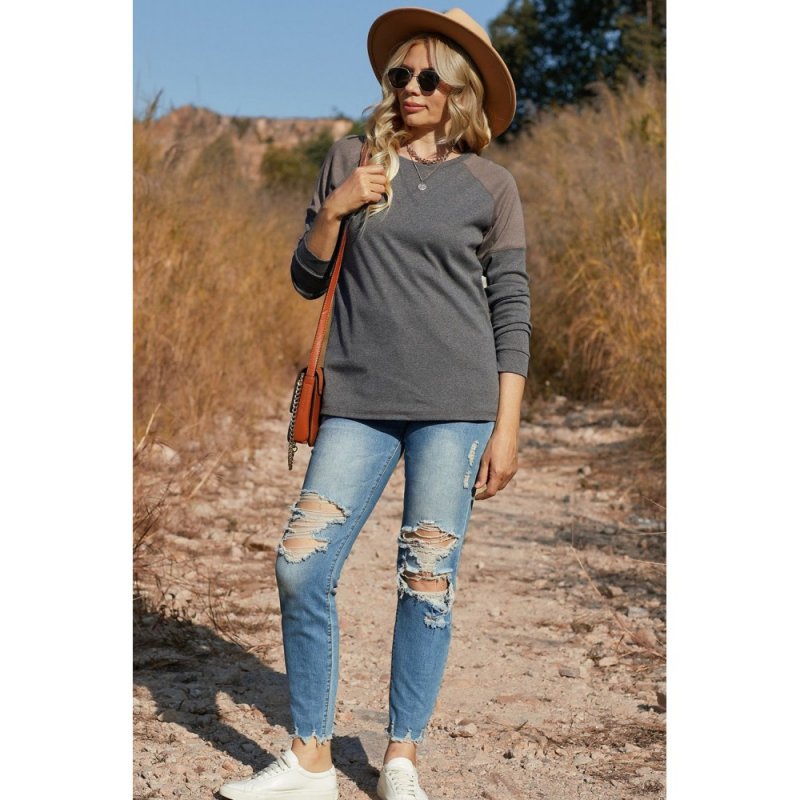 Dark Gray Color Block Raglan Sleeve Top - from category Long Sleeve Tops