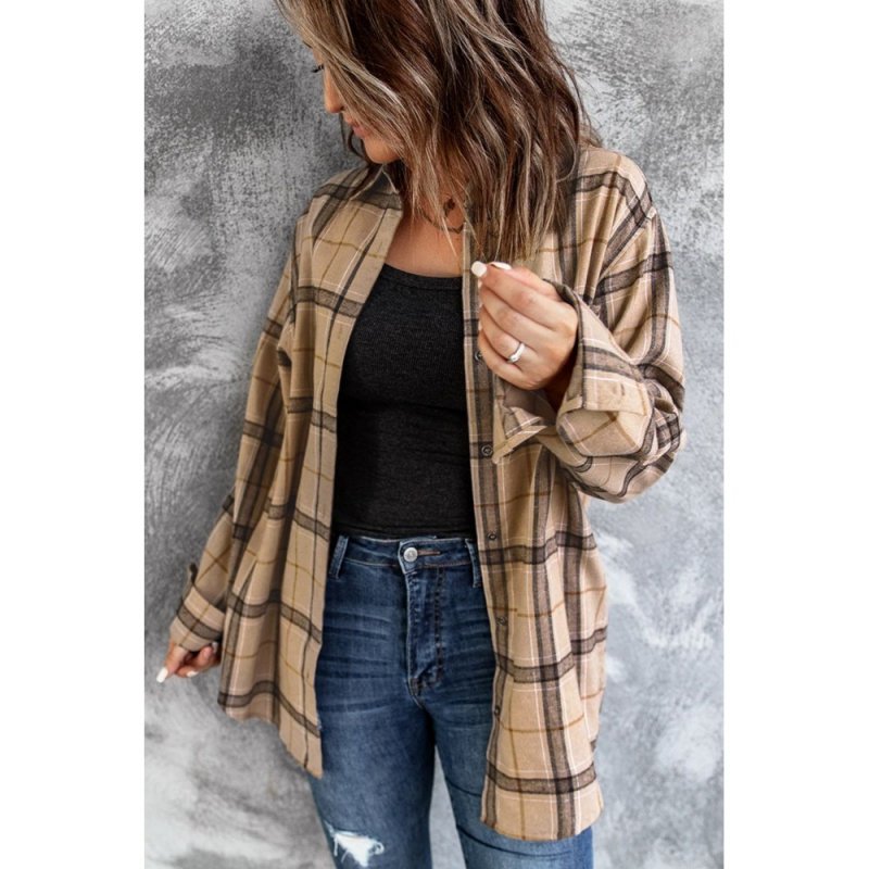 Brown Button-up Long Sleeve Plaid Shacket - from category Jackets & Coats