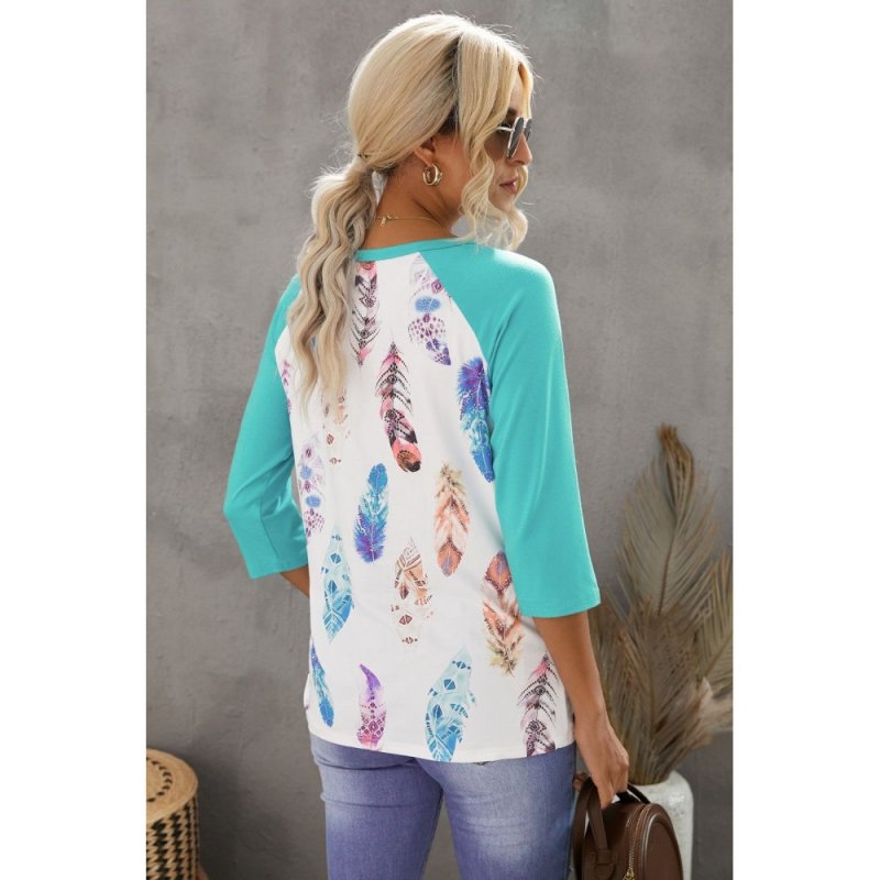 Green Feather Print 3/4 Raglan Sleeve Top