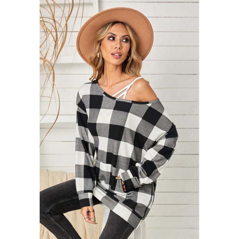 Plaid Kangaroo Pocket Long Sleeve Blouse - from category Long Sleeve Tops