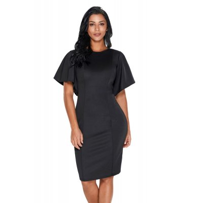 Black Flutter Sleeve Back Slit Sheath Dress - from category Midi Dresses