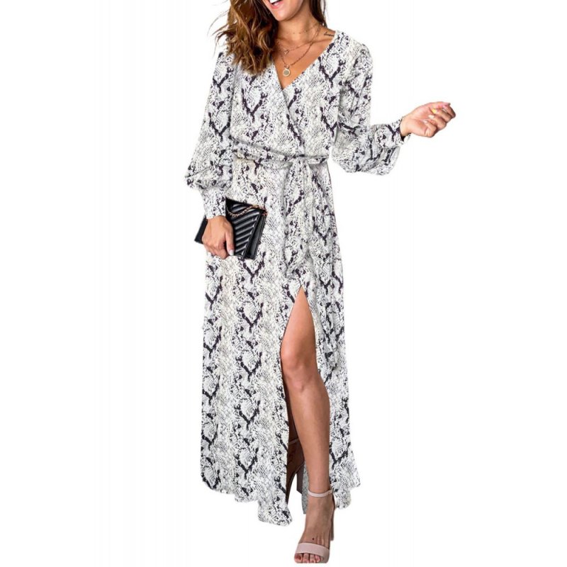 Gray Sexy V Neck Cuffed Sleeve Snakeskin Maxi Dress - from category Maxi Dresses