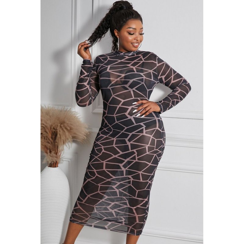 Geometric Print See-through Mesh Plus Size Midi Dress - from category Midi Dresses