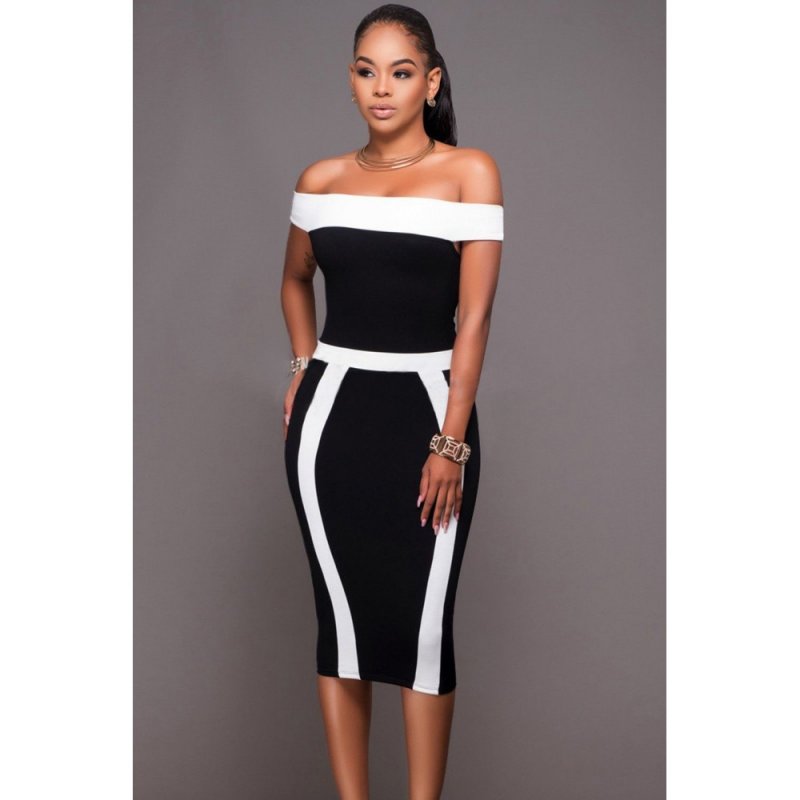 Black White Patchwork Bandeau Boat Neck Off Shoulder Midi Dress