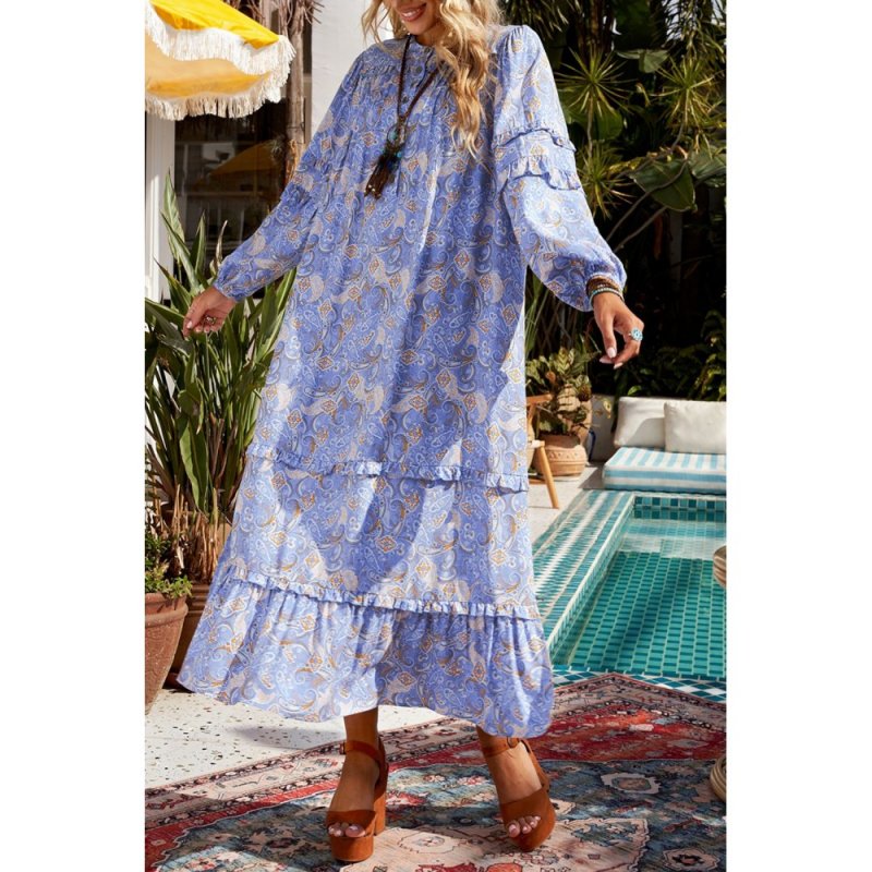 Purple Ruffled Bubble Sleeves Kaftan Paisley Maxi Dress - from category Maxi Dresses