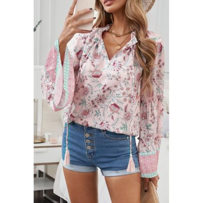 Pink Floral Print V Neck Drawstring Flared Sleeve Top - from category Long Sleeve Tops