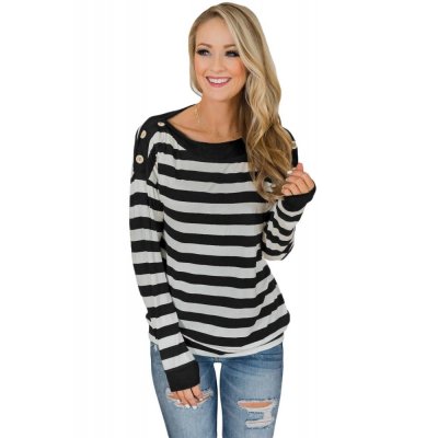 Button On Shoulders Black Striped Long Sleeve Top - from category Long Sleeve Tops