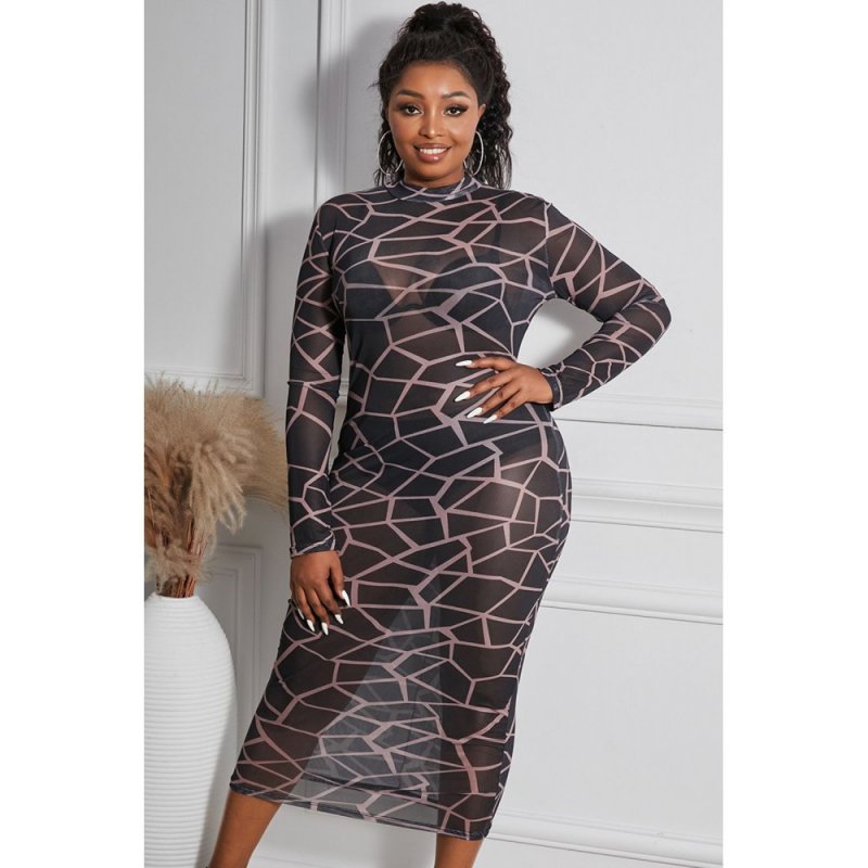 Geometric Print See-through Mesh Plus Size Midi Dress - from category Midi Dresses