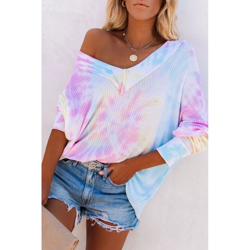 Multicolour V Neck Tie-Dyed Knitted Long Sleeve Top - from category Long Sleeve Tops