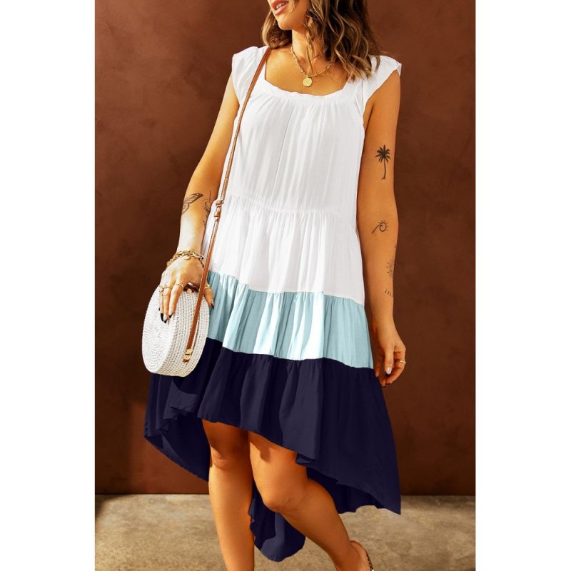 Blue High Low Tiered Colorblock Square Collar Midi Dress - from category Midi Dresses