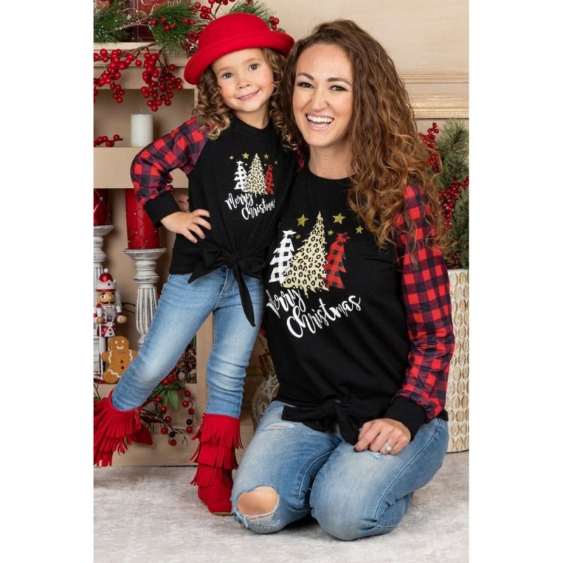 Family Matching Mom's Plaid Christmas Print Tie Knot Long Sleeve Top - from category Long Sleeve Tops