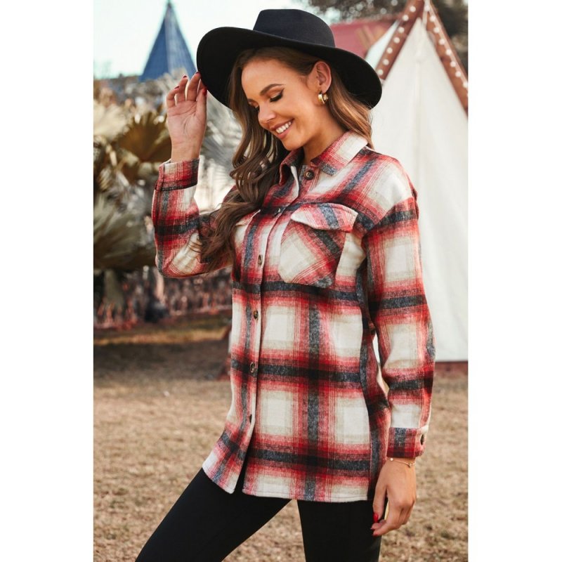 Red Turn down Neck Plaid Pocket Button Closure Coat - from category Jackets & Coats