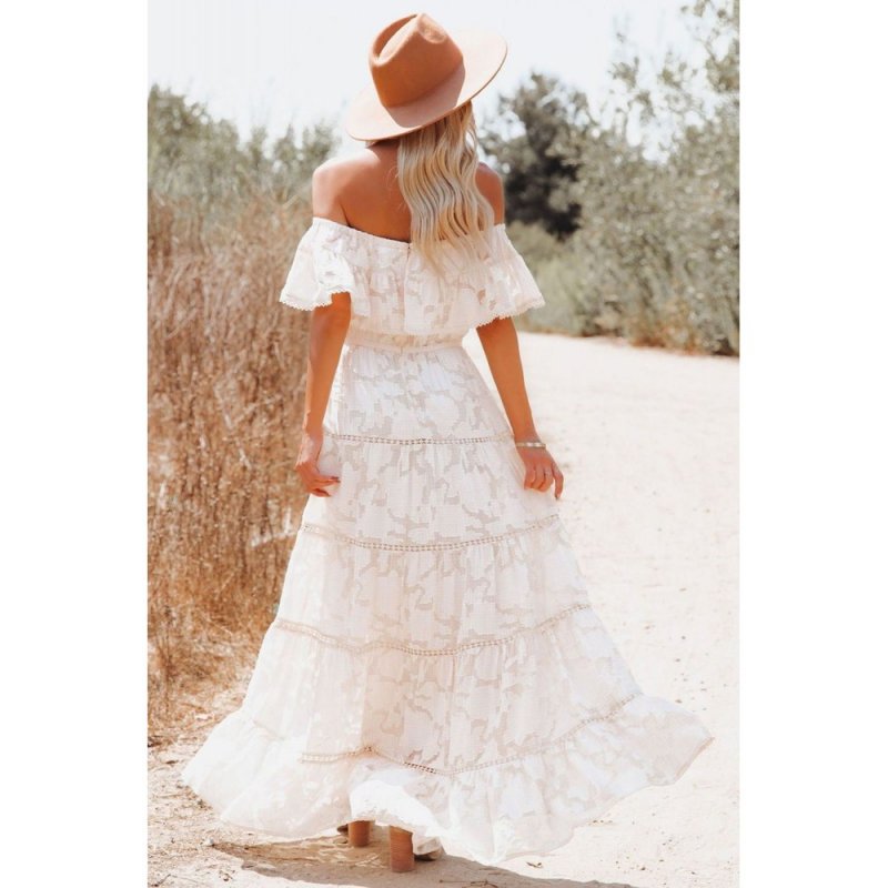 White Off-the-shoulder Ruffled Lace Maxi Dress