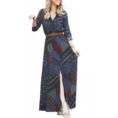 Navy Green Boho Print Belted Maxi Shirt Dress - from category Maxi Dresses